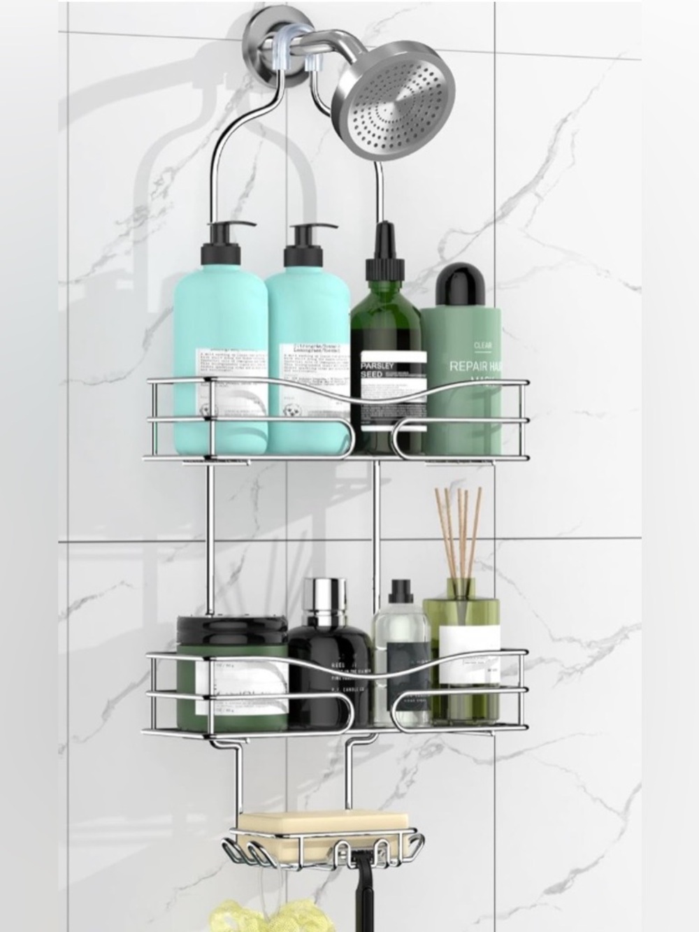 Shower Caddy - Organizer with 6 Hooks, Soap Basket & Self-Adhesive Pad, Silver